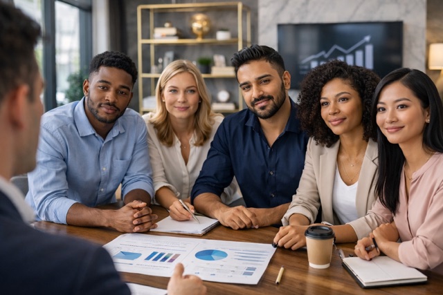 A team meeting around a table with a consultant
